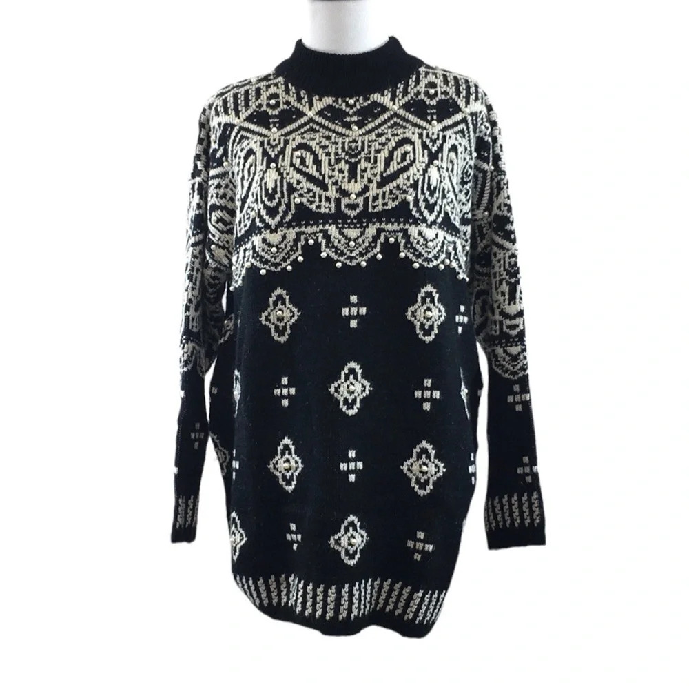 Star Cody Vintage Black White Knit Pearl‎ Accent Sweater Womens Medium Western